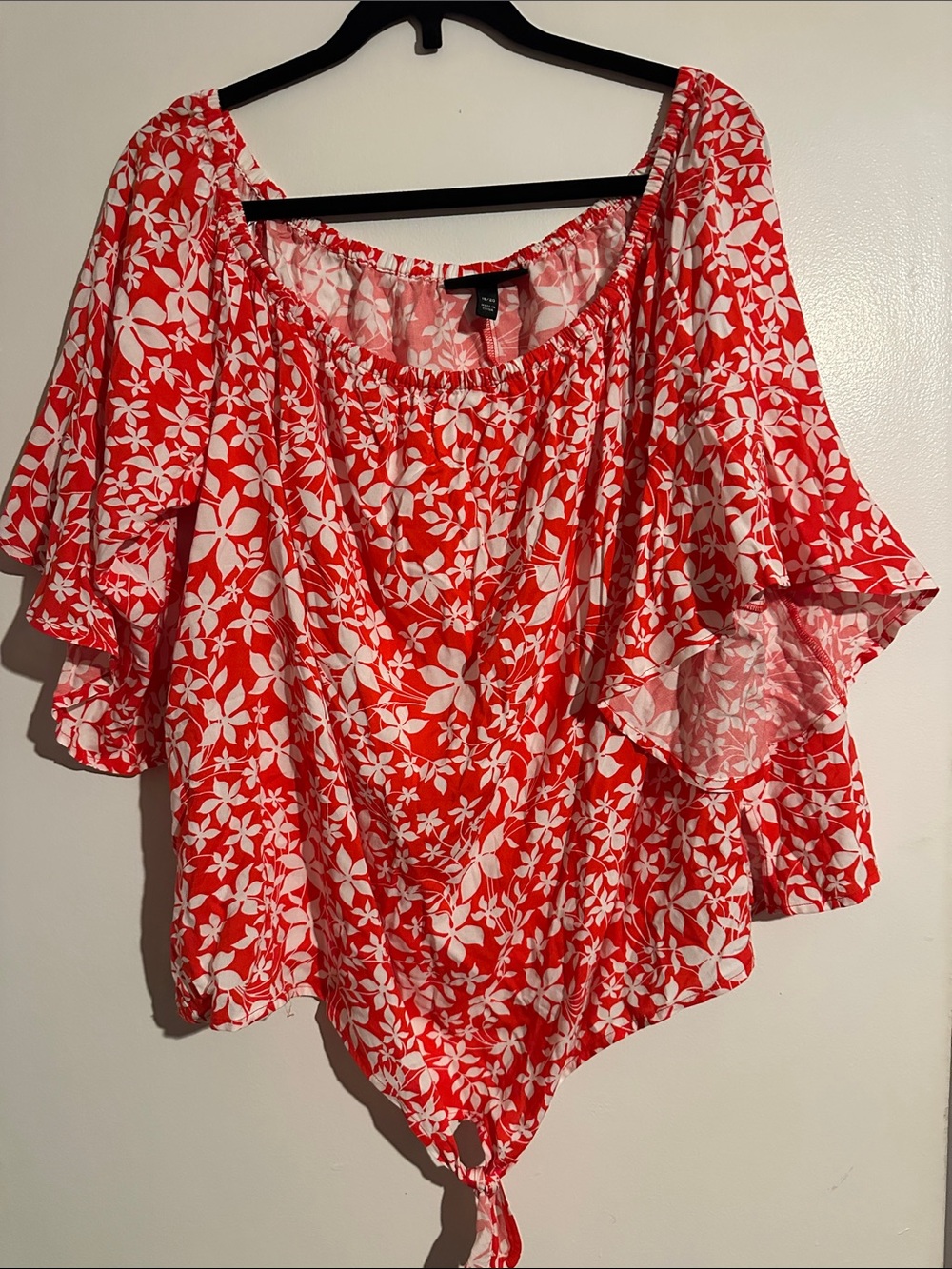 Lane Bryant Red and White Floral Off-Shoulder Tie-Front Blouse